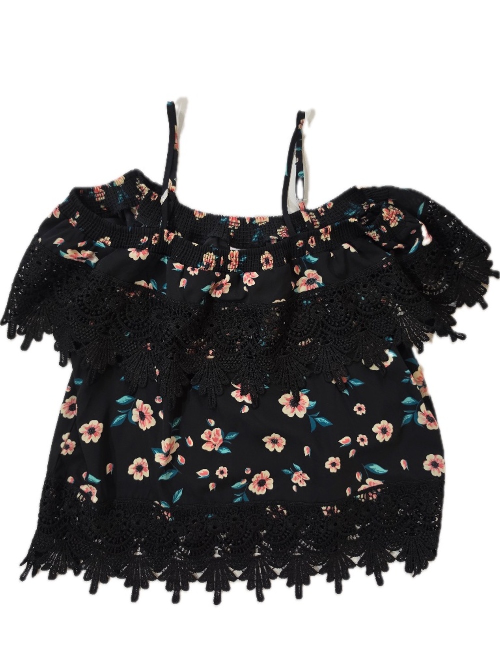 No Boundaries Tank Juniors XL/XG 15-17 Black Floral Off Shoulder Crochet